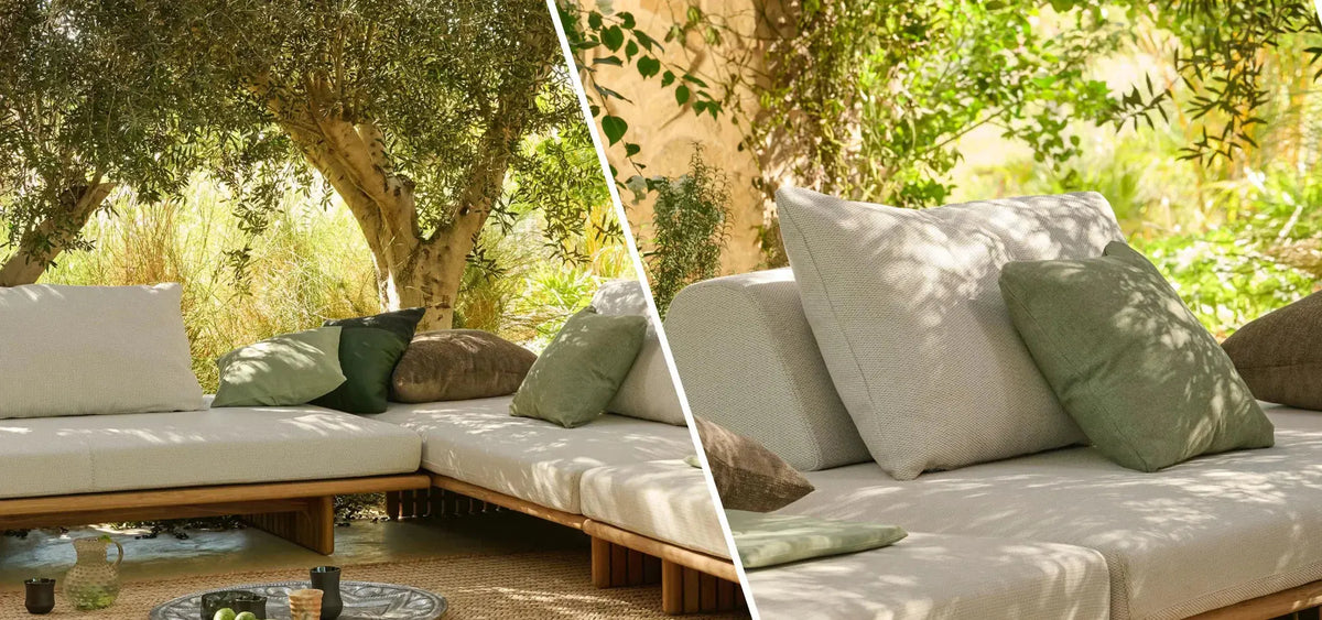 Outdoor sofa with custom cushions on a sunny terrace