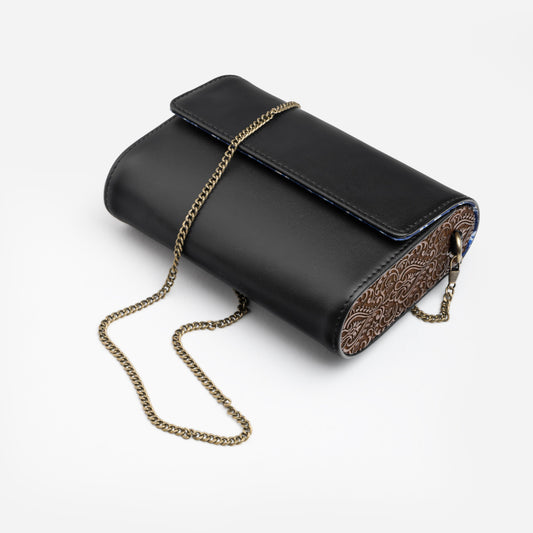 Black Leather and Carved Wood Sling Bag