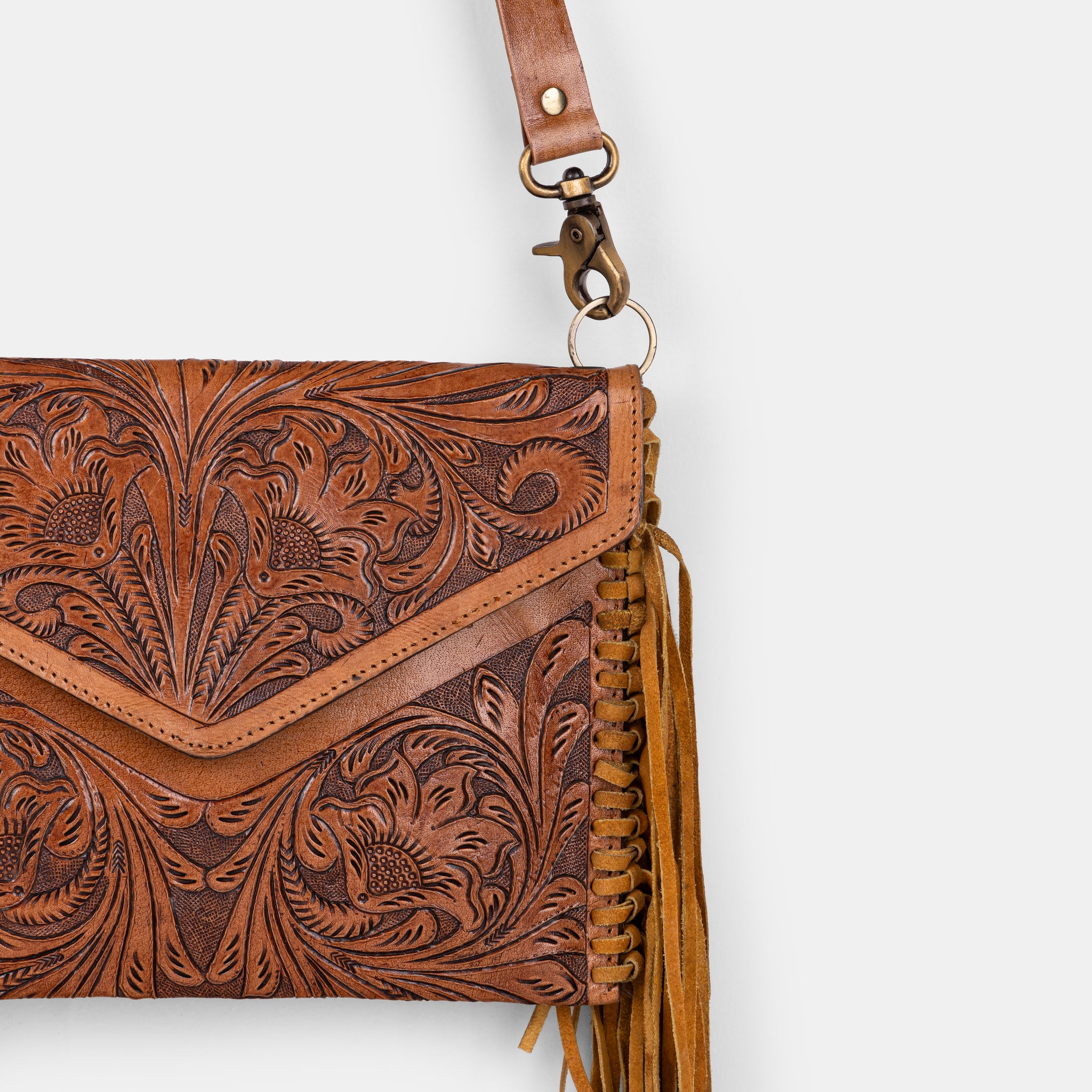 Artisan Tooled Leather Fringe Bag