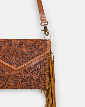 Artisan Tooled Leather Fringe Bag