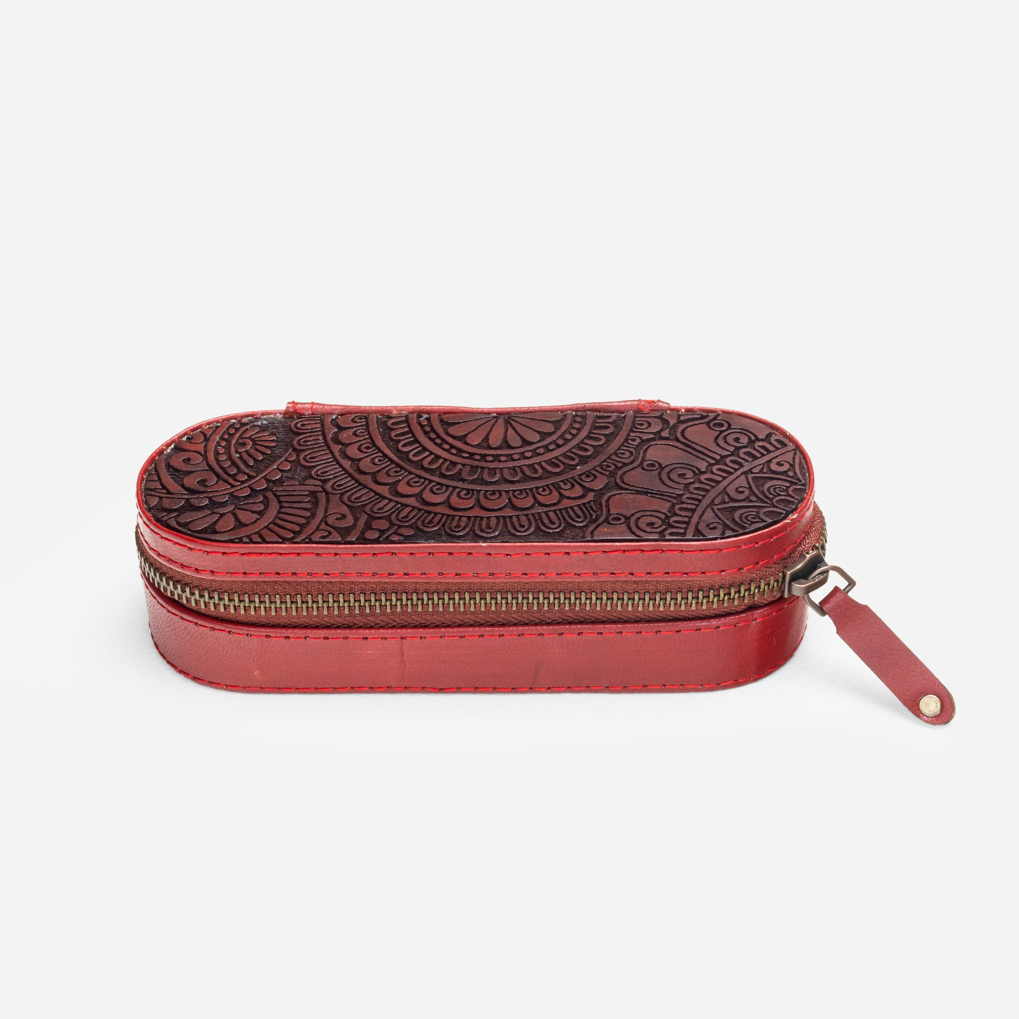 Red Carved Wood & Leather Glass Case