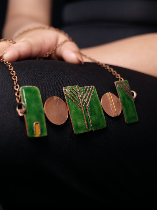 Handmade Green Geometry Copper Enamel Necklace
