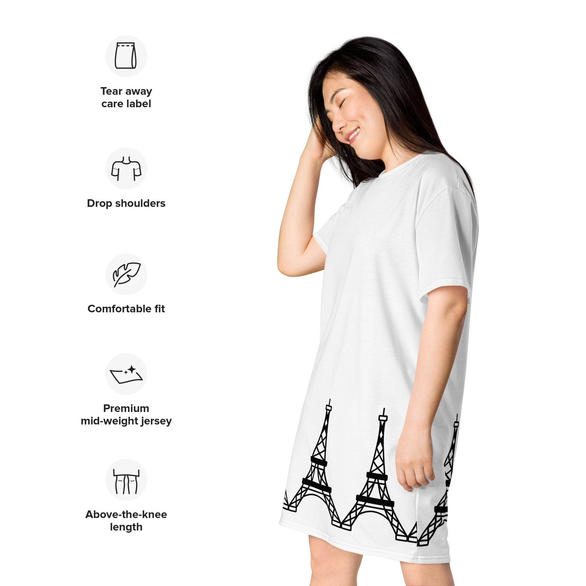Parisian Dream: White T-Shirt Dress with Eiffel Tower Print – Embrace French Elegance