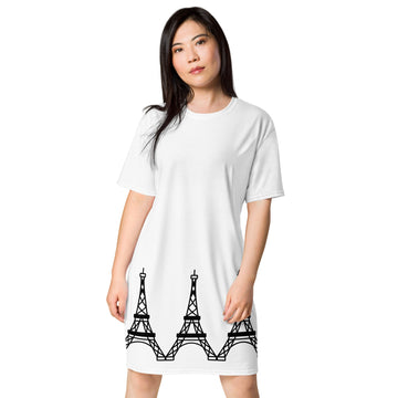 Parisian Dream: White T-Shirt Dress with Eiffel Tower Print – Embrace French Elegance