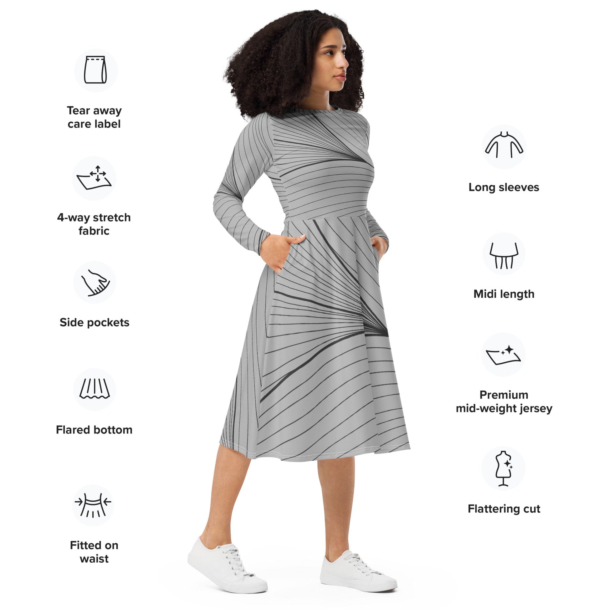 Printed Elegance: All-Over Print Long Sleeve Midi Dresses