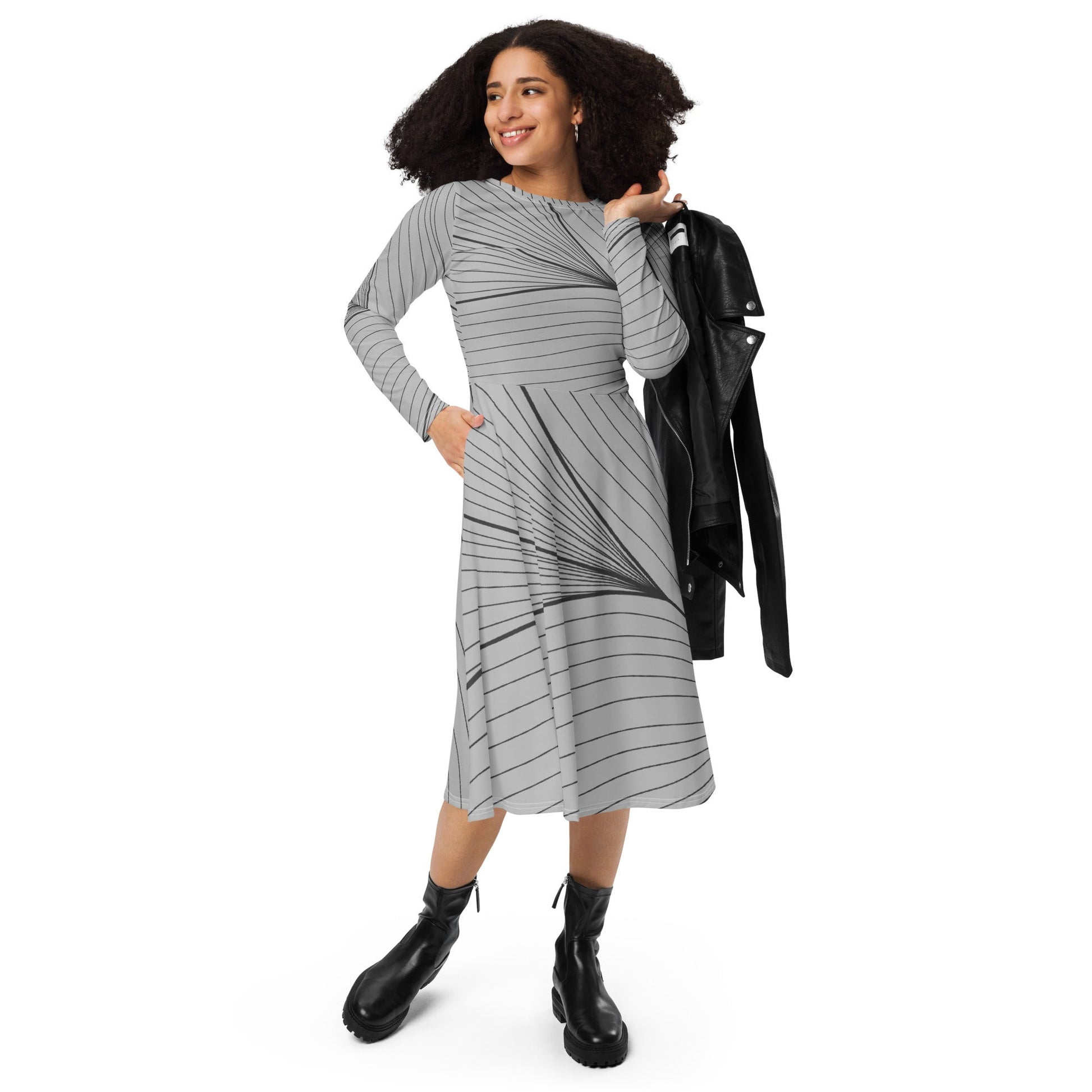 Printed Elegance: All-Over Print Long Sleeve Midi Dresses