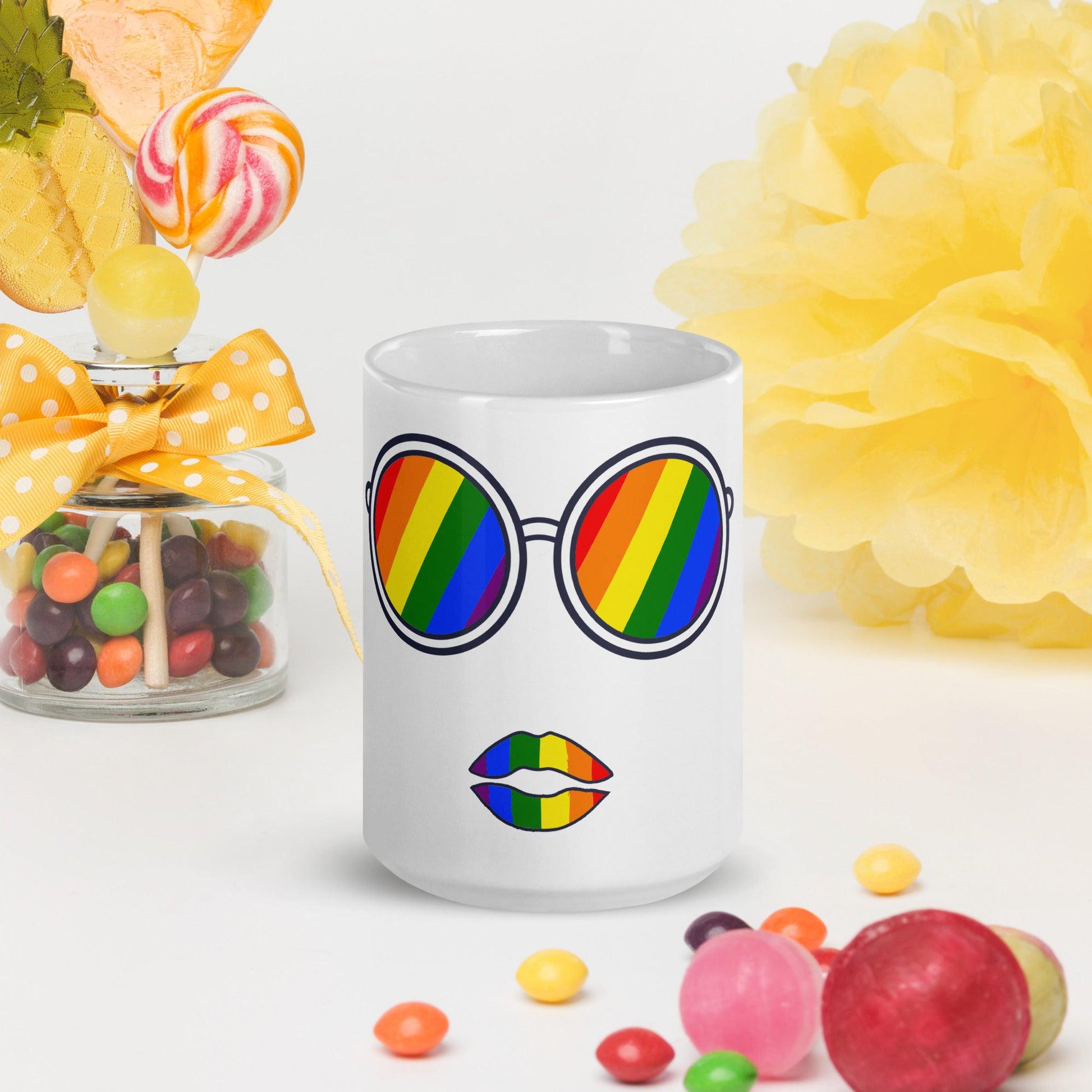 Rainbow-Themed Modern White Glossy Ceramic Mug - Colorful & Contemporary Design