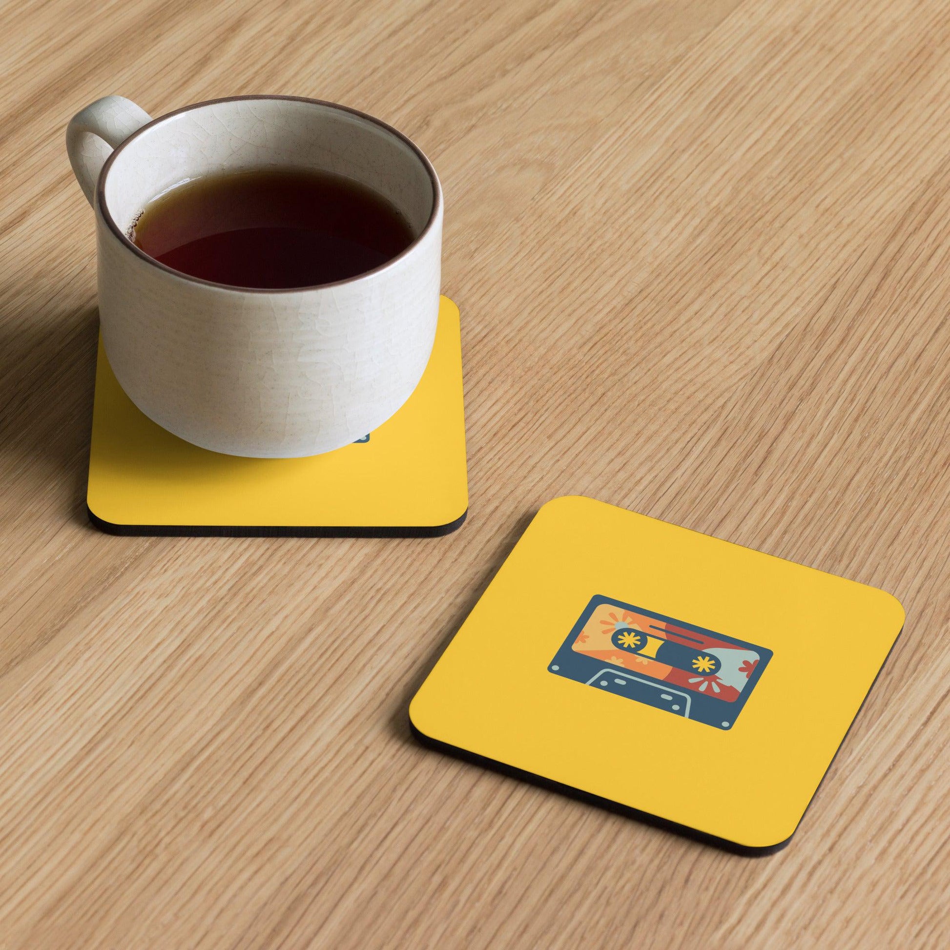 Retro Groove: Set Your Drinks on Beat with Cork-Back Coasters Featuring Classic Cassette Prints