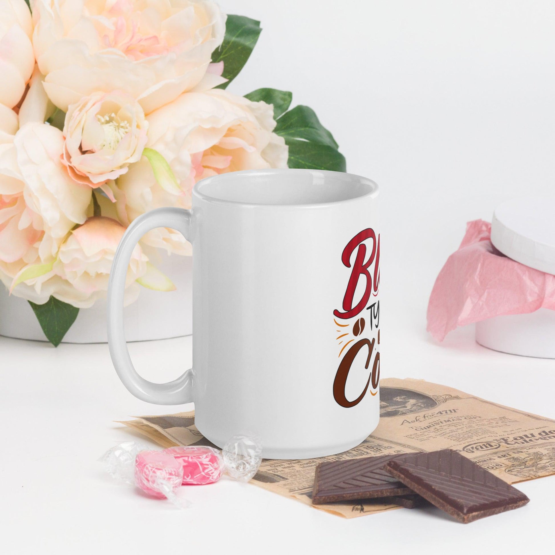 Sip, Smile, Repeat: Unveil the Humor with Our White Glossy Mug - 'My Blood Type is Coffee