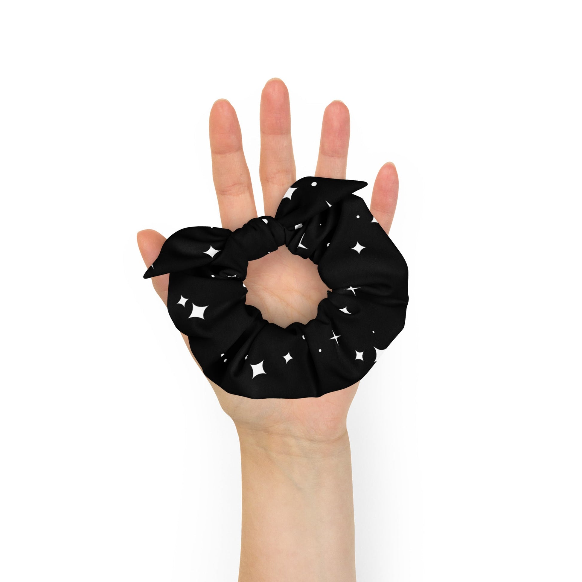 Starlight Style: Elevate Your Hair Game with Our Recycled Scrunchie Featuring Chic Black Star Prints