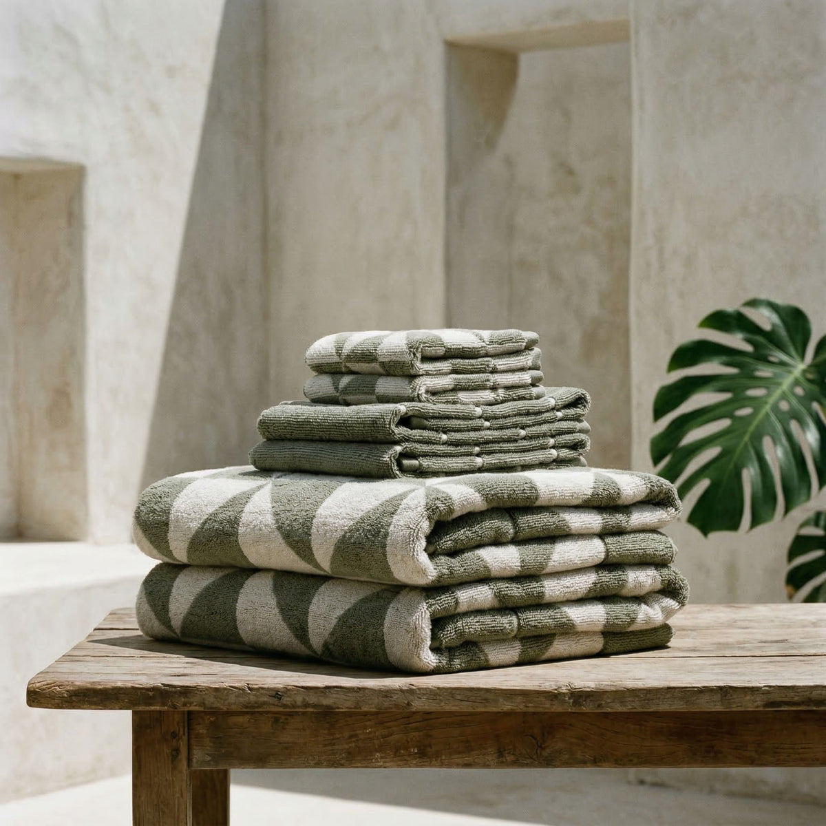Umbra Australian Cotton Towels, in Sage & Ecru, luxe set (set of 6 with umbra bath sheets)