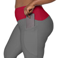 Grey And Red Crossover Leggings With Pockets