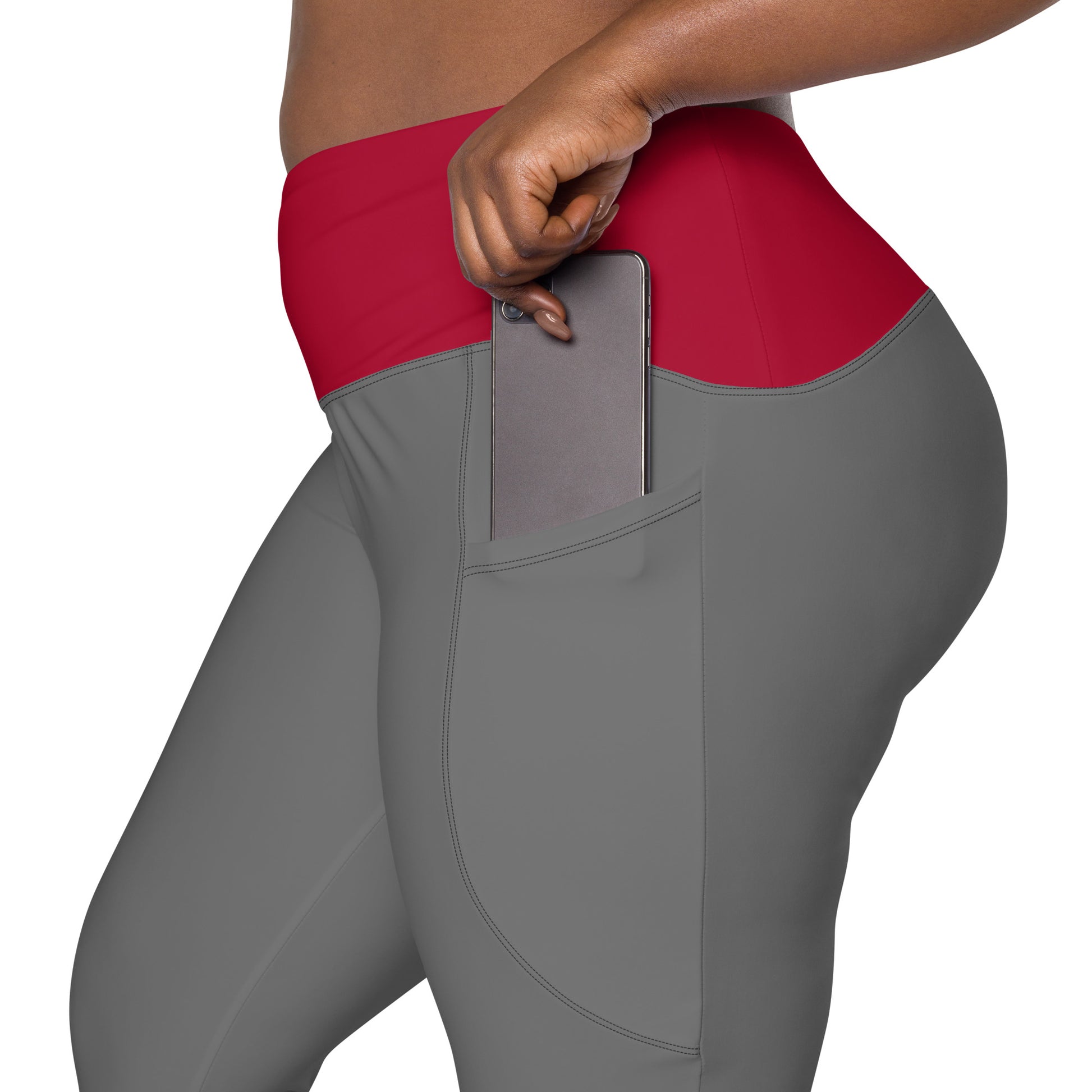 Grey And Red Crossover Leggings With Pockets
