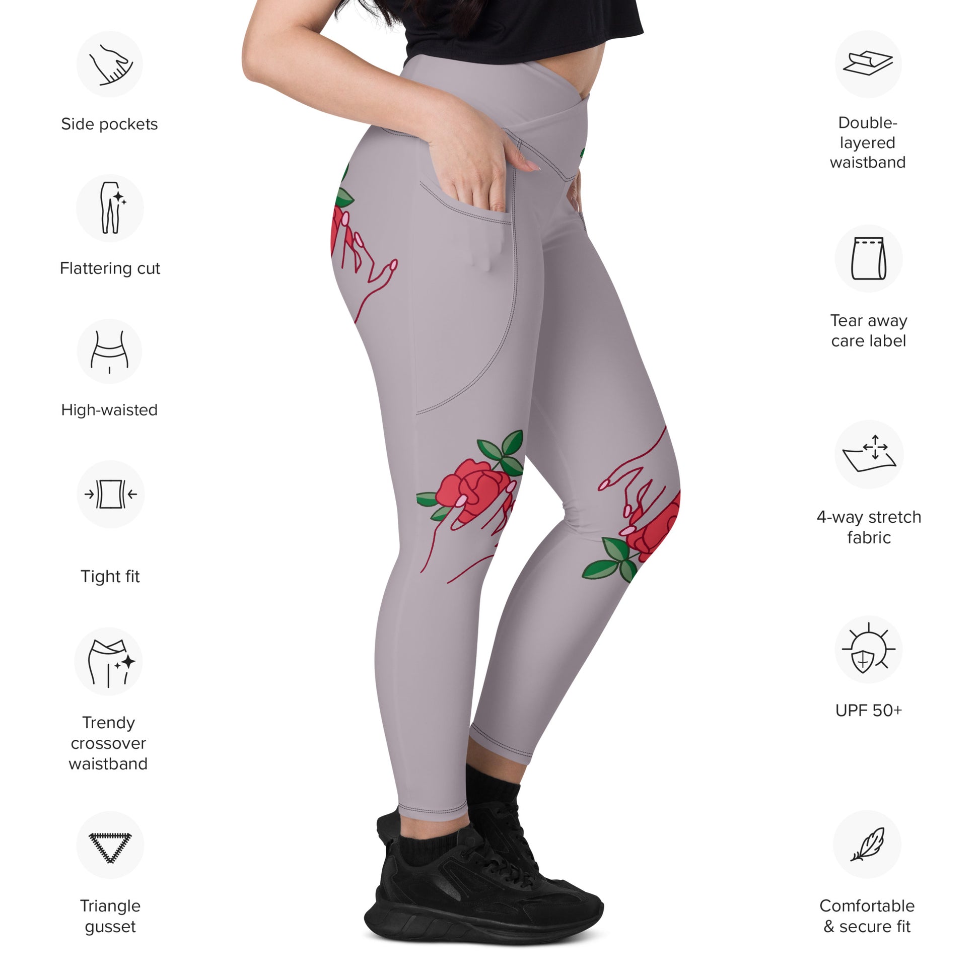 Hand Illusion with Rose Crossover Leggings With Pockets
