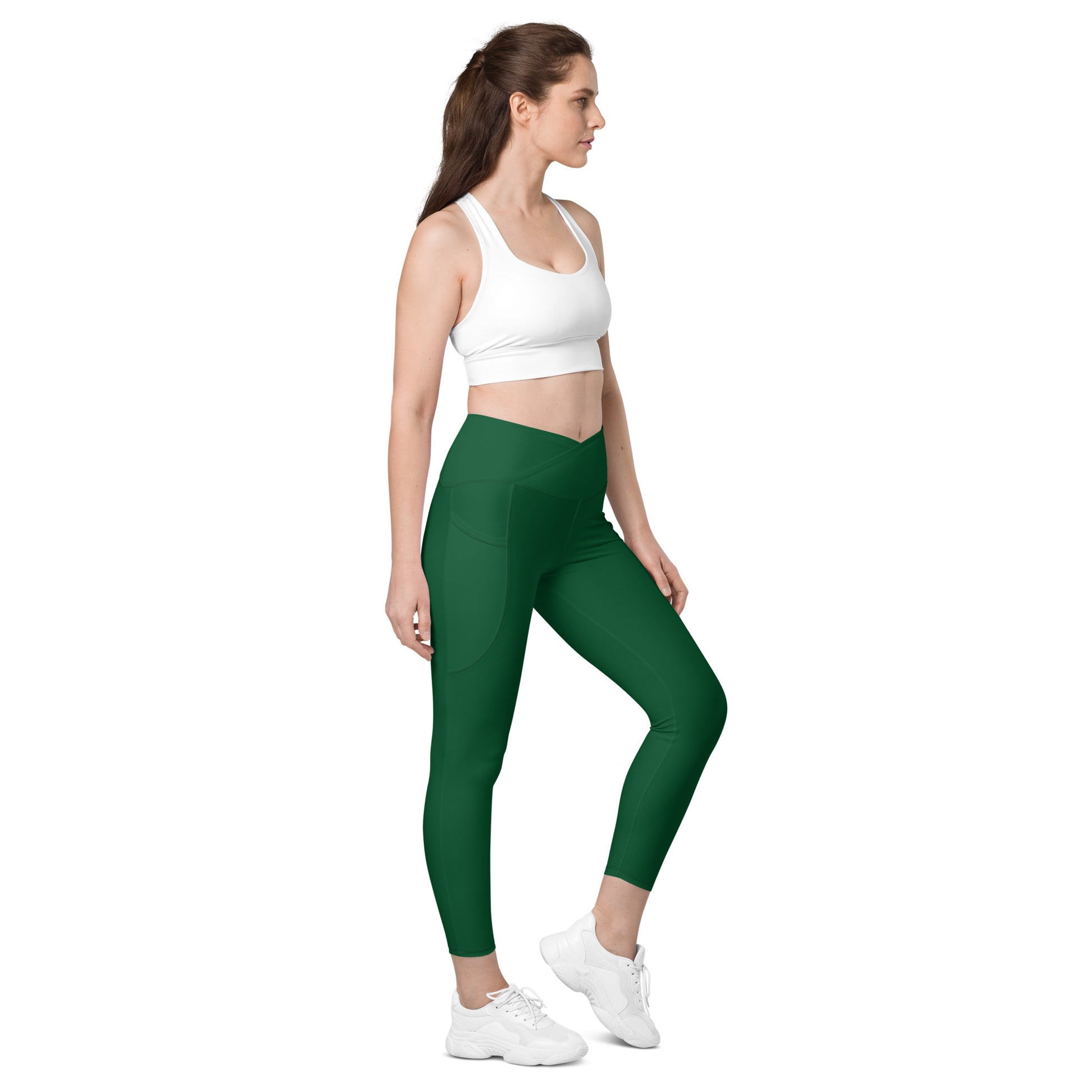 Green Crossover Leggings With Pockets