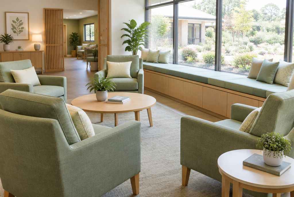 Bright senior living lounge with firm armchairs and a window bench with custom cushions