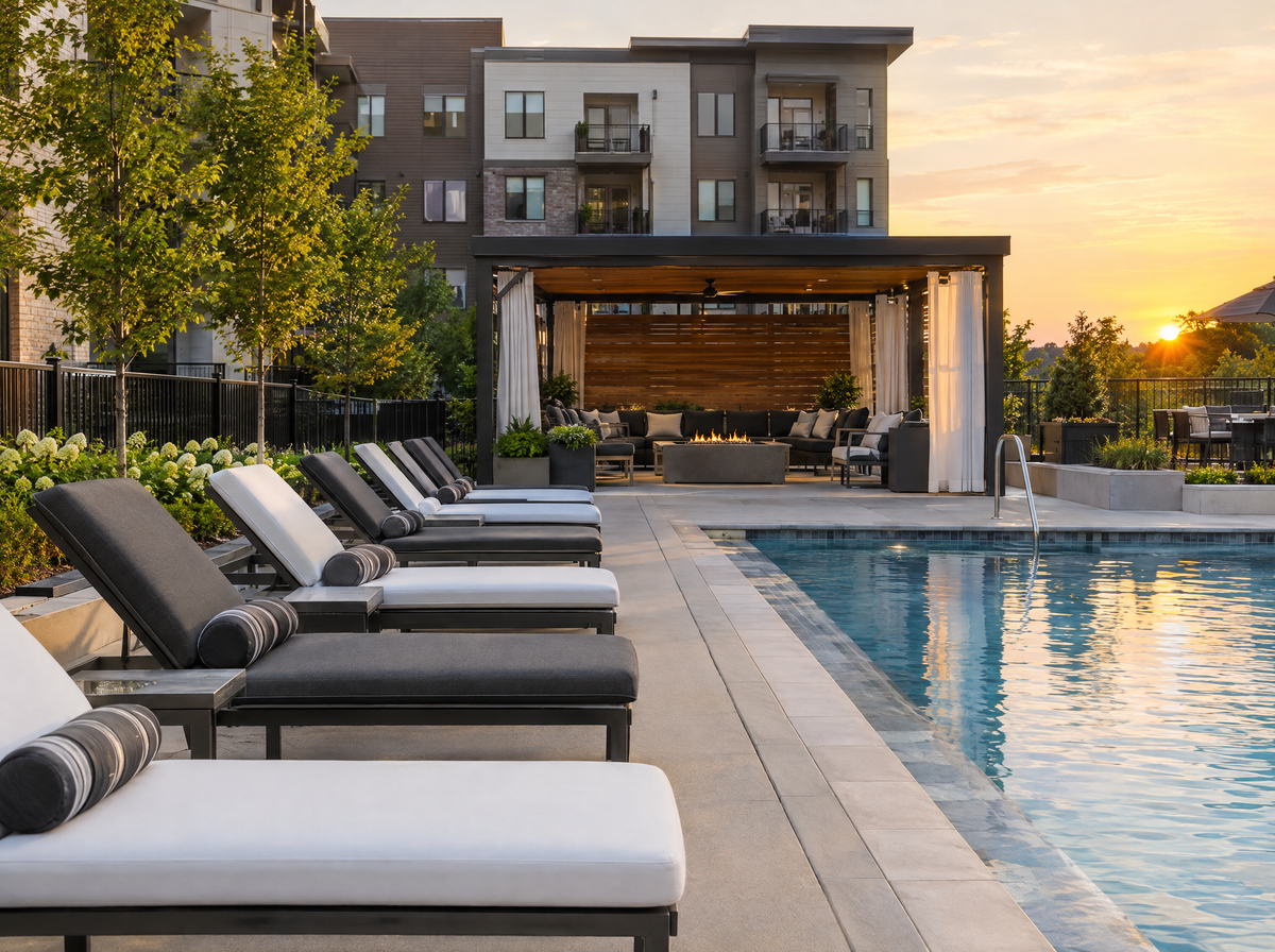 Apartment amenity pool deck with matching custom outdoor lounge cushions