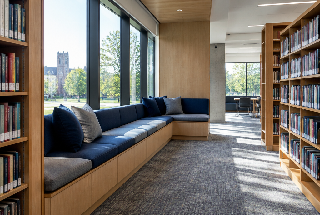 University library reading nook with built-in bench seating and custom cushions