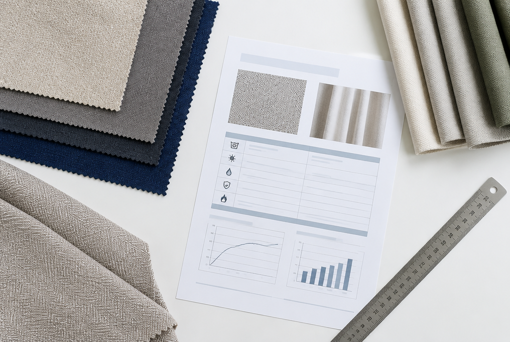 Upholstery and curtain fabric swatches with a test certificate