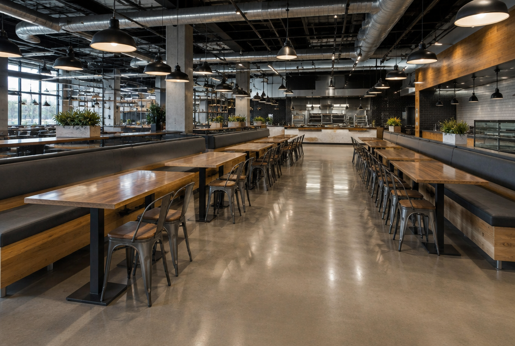 Food hall with long communal banquettes and custom vinyl seat cushions