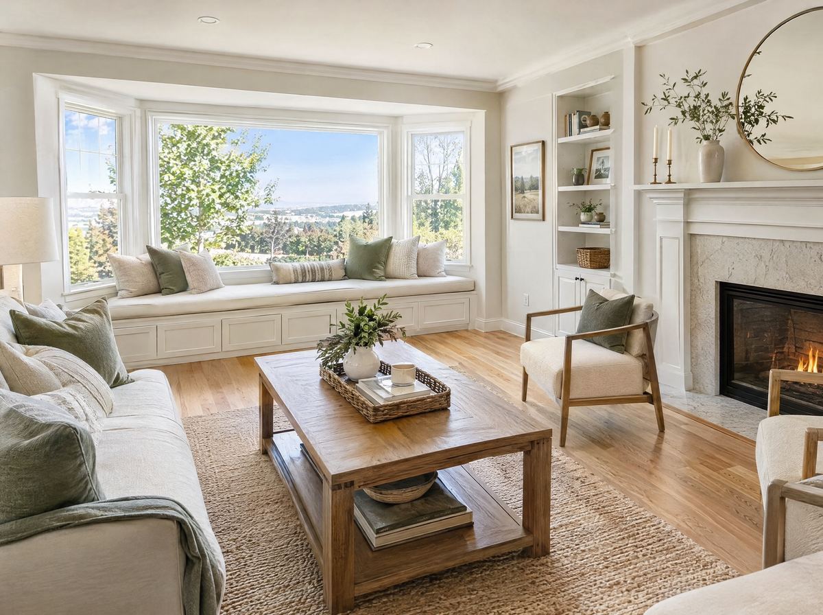 Staged living room with a custom window seat cushion and layered throw pillows