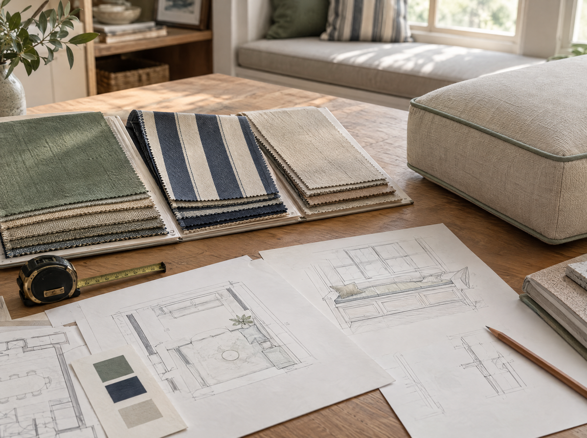 Interior designer's worktable with fabric swatches, floor plans and a custom piped cushion