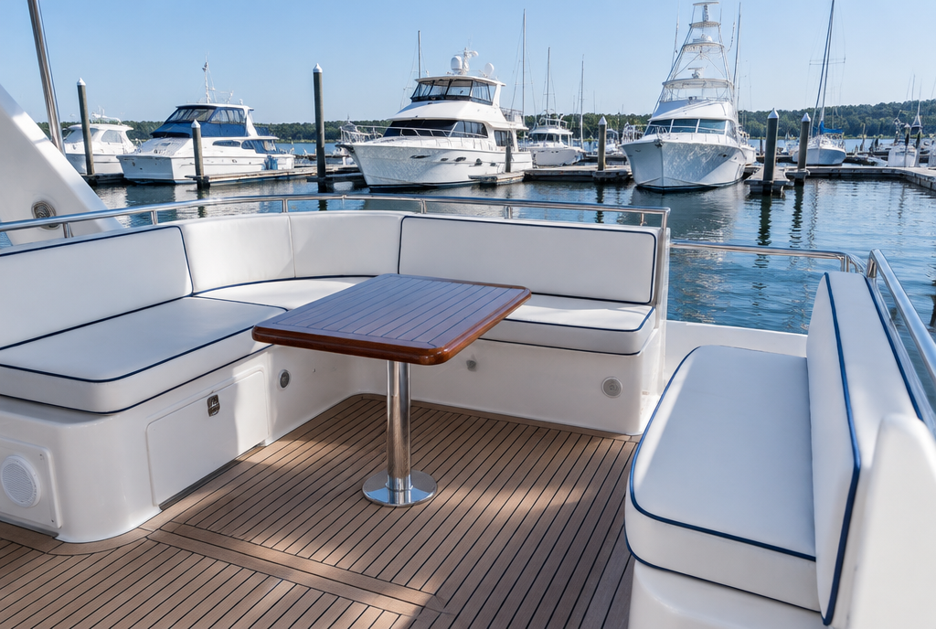 Yacht club deck with built-in seating and white marine vinyl cushions