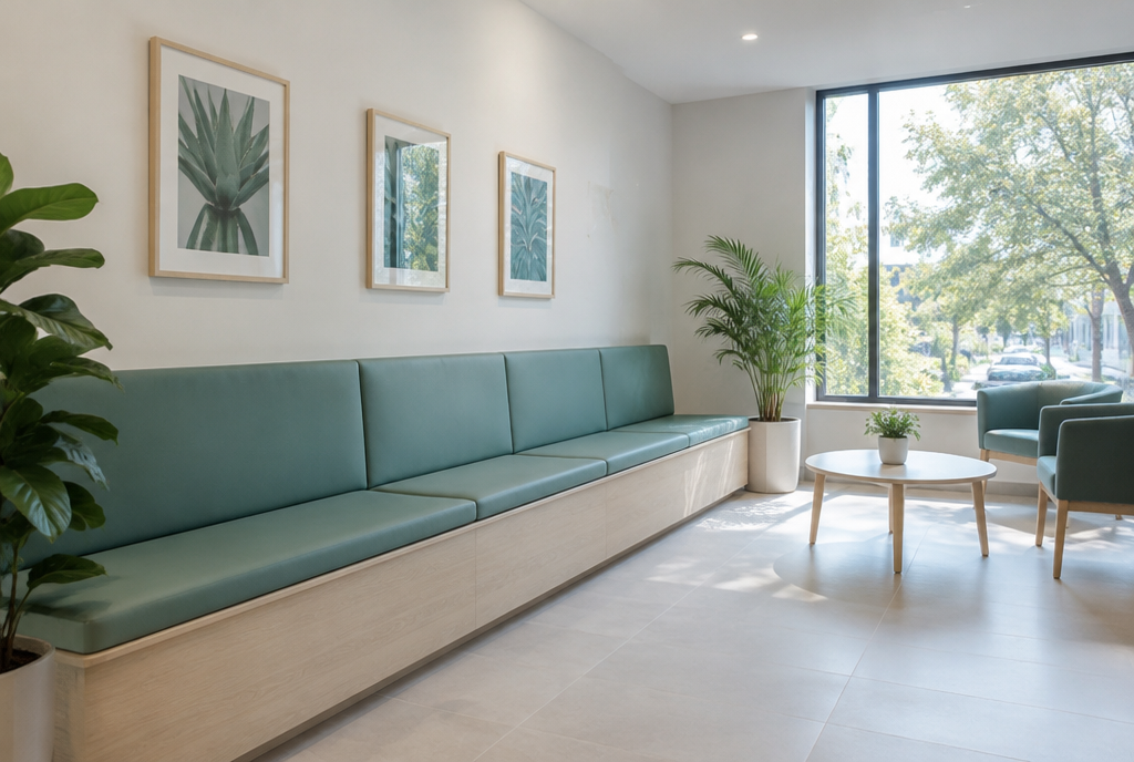 Dental clinic waiting room with built-in bench and custom wipe-clean cushions