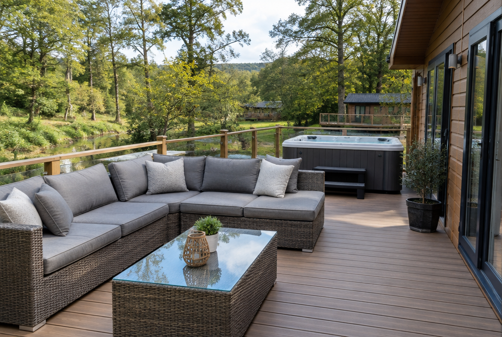 Holiday park timber lodge deck with outdoor sofa and custom cushions
