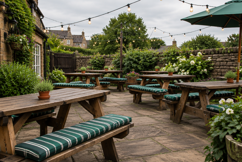 English pub beer garden with custom outdoor cushions