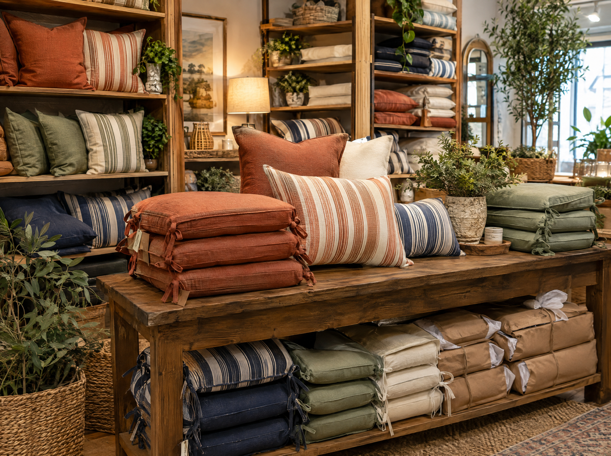 Independent home decor boutique stocked with outdoor pillows and seat cushions