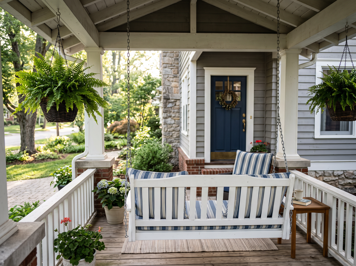 Custom striped porch swing seat and back cushions on a covered front porch