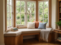 Custom bay window seat cushion with angled ends in natural linen-look fabric