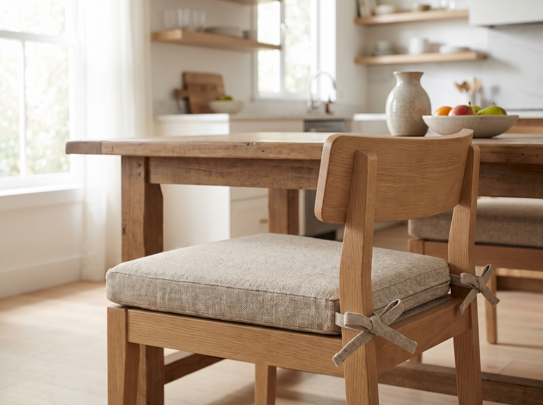 Custom trapezoid seat cushion on an oak dining chair