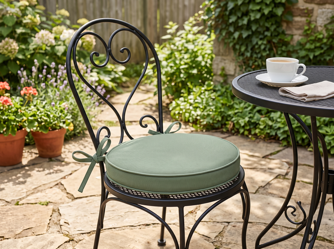Custom round seat cushion with ties on a bistro chair