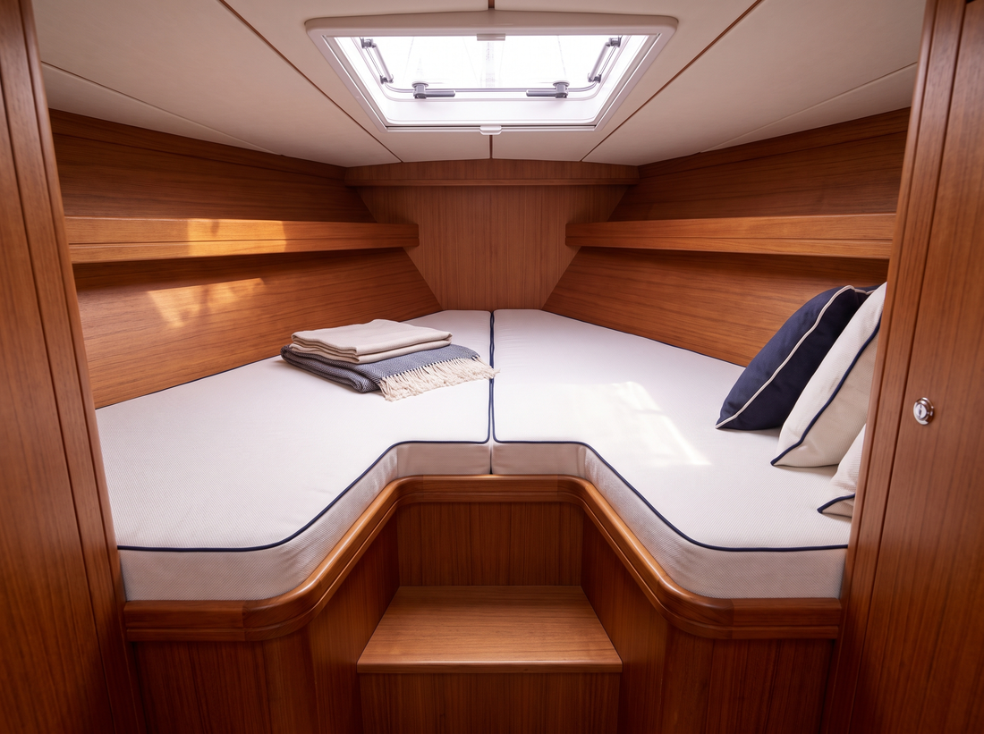Custom V-berth boat mattress split down the center in a yacht bow cabin