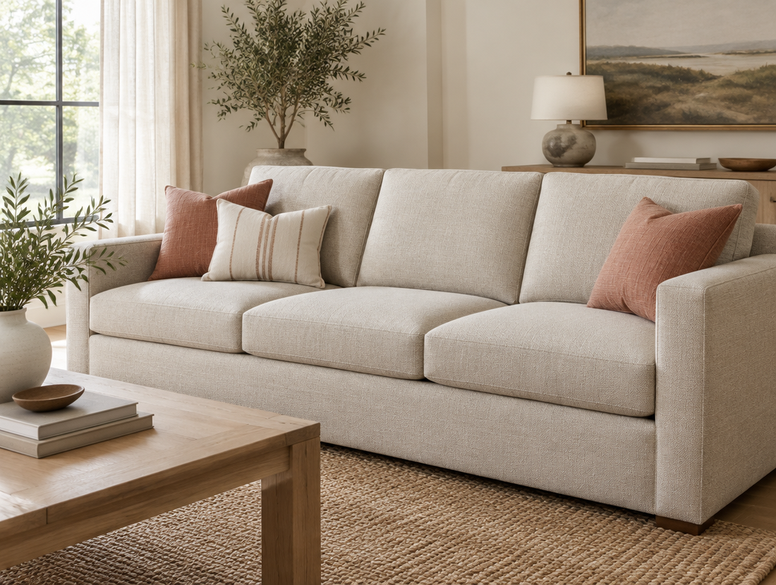Custom replacement couch cushions in oatmeal Sunbrella fabric on a sofa in a bright living room