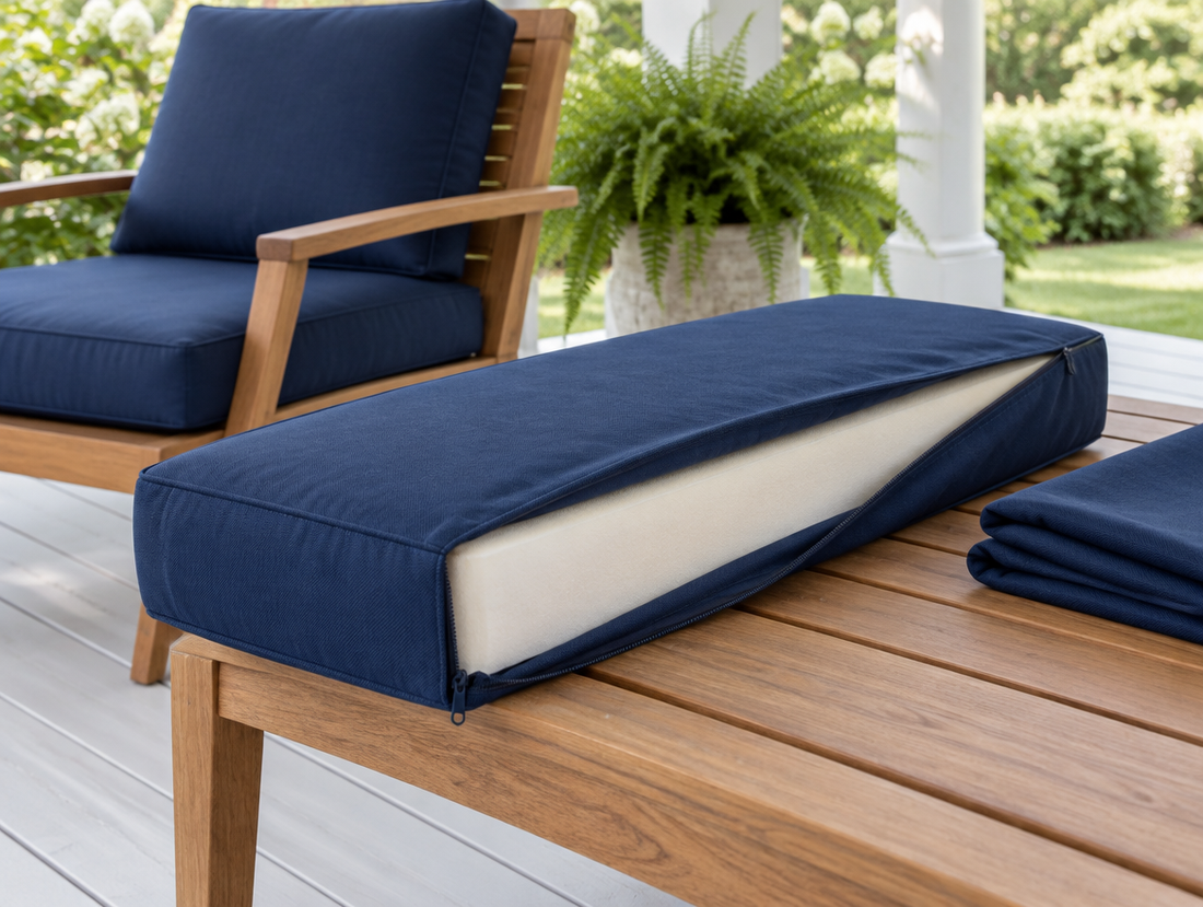 Navy Sunbrella custom cushion cover with hidden back zipper being fitted over a foam insert on a porch