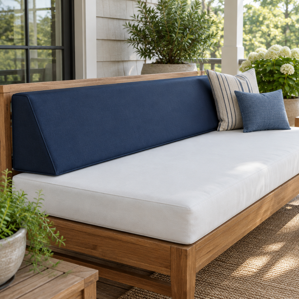 Illustration of a navy wedge bolster cushion along the back of an outdoor daybed