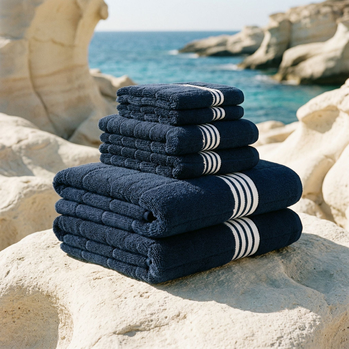 Australian Cotton Towels, in Nautilus Navy & White, standard set (set of 6 with bath towels)