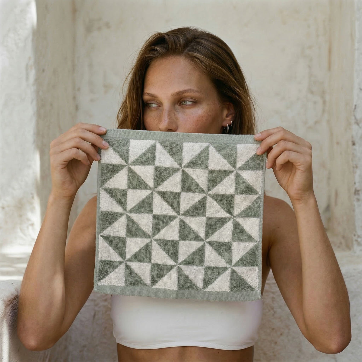 Australian Cotton Towels, in Umbra Sage & Ecru, washcloths (set of 2)